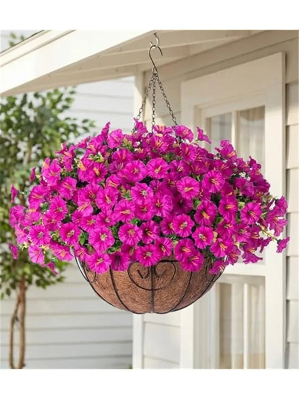 Fuchsia Faux Hanging Basket Morning Glory Silk Flowers UV Outdoor Porch Patio
